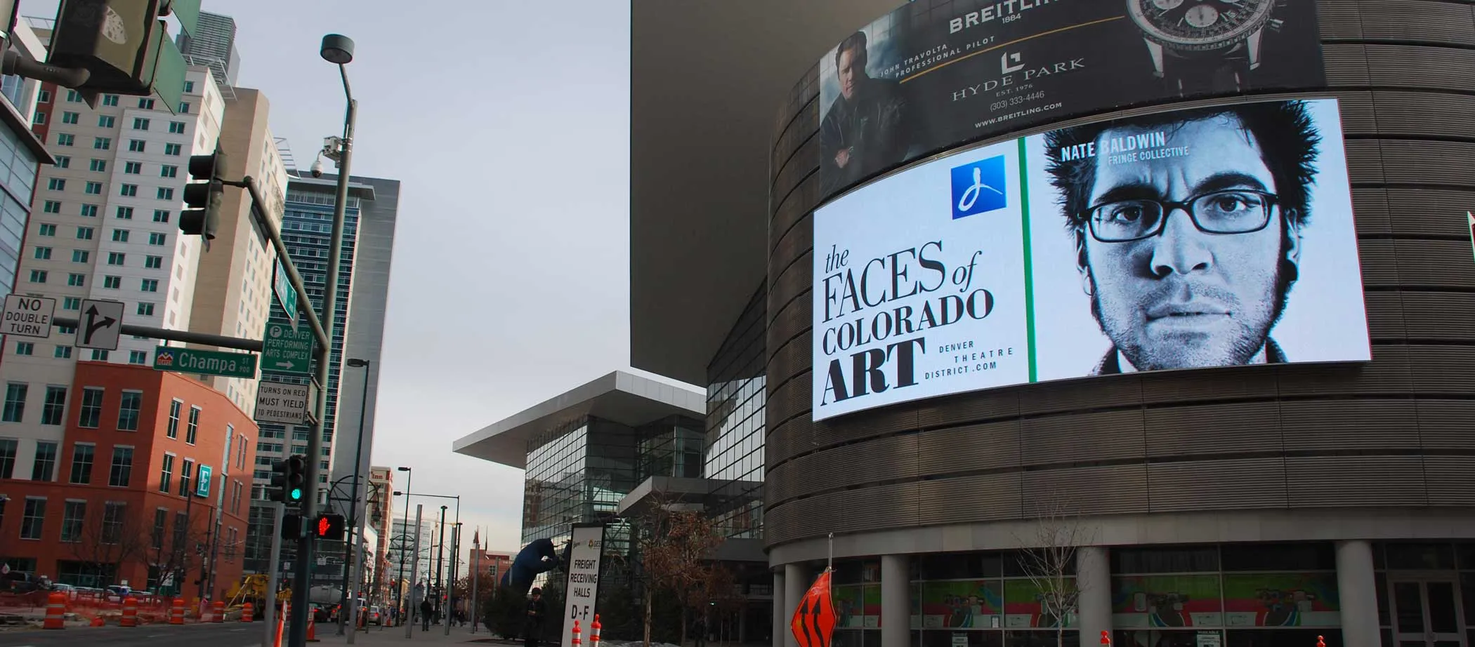 Self Portrait 1 displayed on large screen LED in downtown Denver for Faces of Colorado exhibition